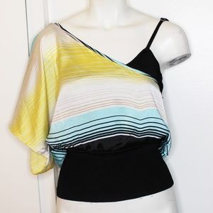 Bebe One Shoulder Yellow Aqua Stripe Top M